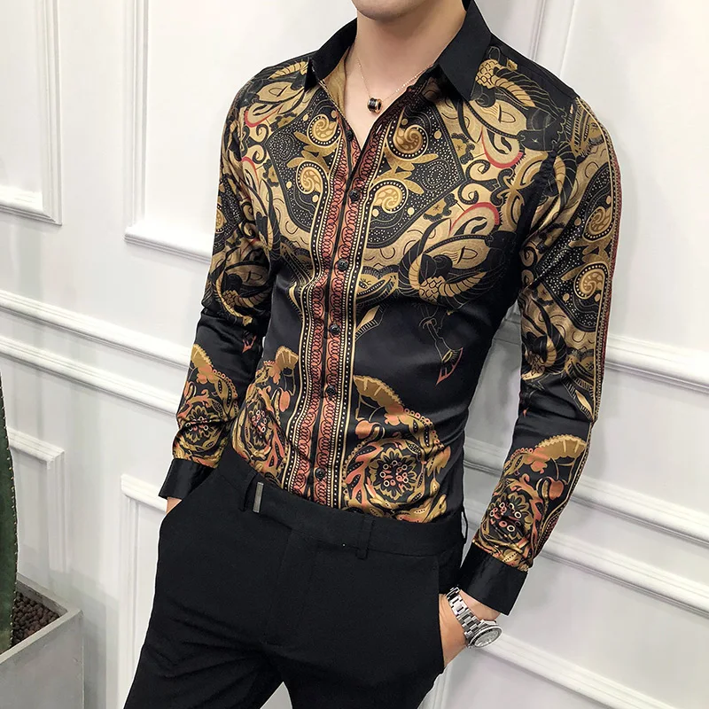 Luxury Print Men\'s Shirt Fashion Club Clothing Mens Designer Brand Floral Shirt Slim Long Sleeve Camisa Baroque Slim Party Shirt