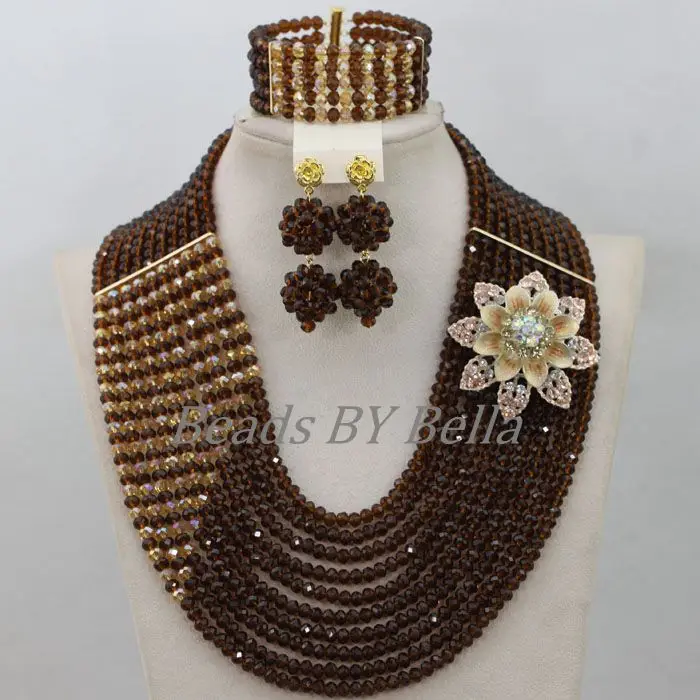 Traditional Brown Crystal Beads African Costume Jewelry Set Nigerian Wedding Necklace Bridal Jewelry Sets Free Shipping ABF824