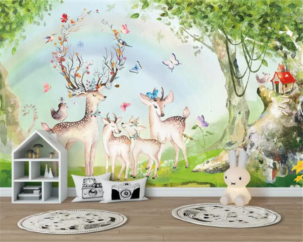 

Custom Wallpaper Forest rainbow elk butterfly background wall Mural Home decoration Children's room decoration painting PHOTO