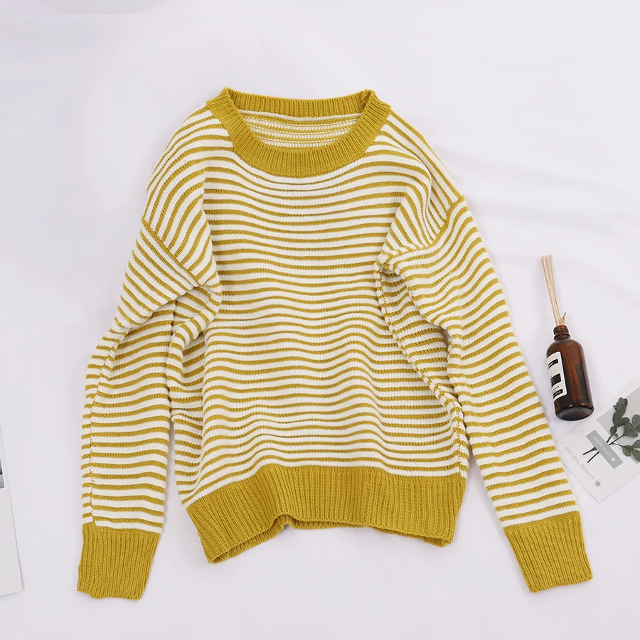 Women knitted sweaters striped pullovers long sleeves basic sweaters loose warm tricot autumn winter Korean Knit Tops