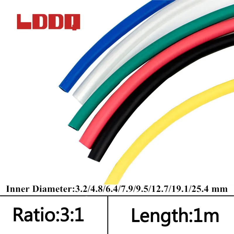 LDDQ 1m Heat Shrink Tube 3:1 multicolor Adhesive Glue Lined Tubing Ratio 3:1 Inner Diameter 3.2/4.8/6.4/7.9/9.5/12.7/19.1/25.4mm