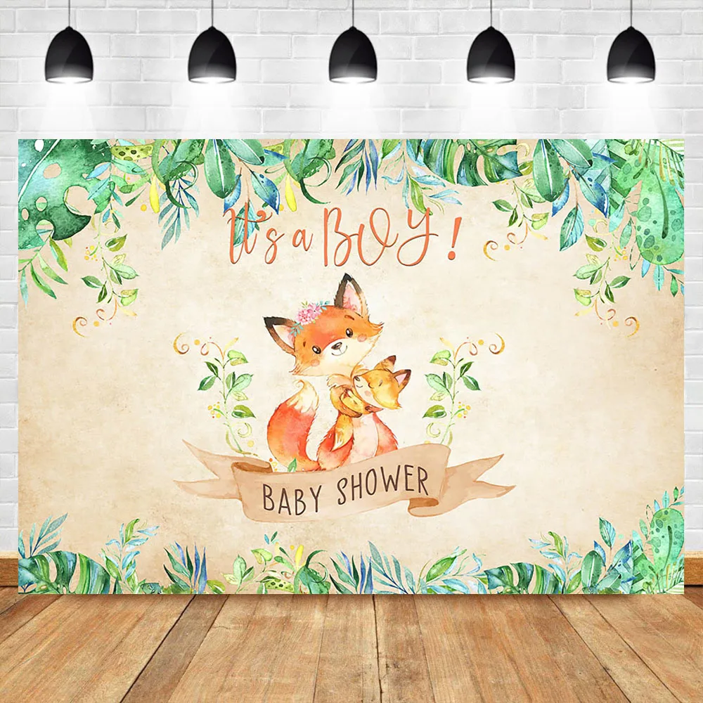 

It's a Boy Baby Shower Photography Backdrops Cute Fox Animal Baby Shower Backdrop Green Leaves Dessert Table Photo Backgeound