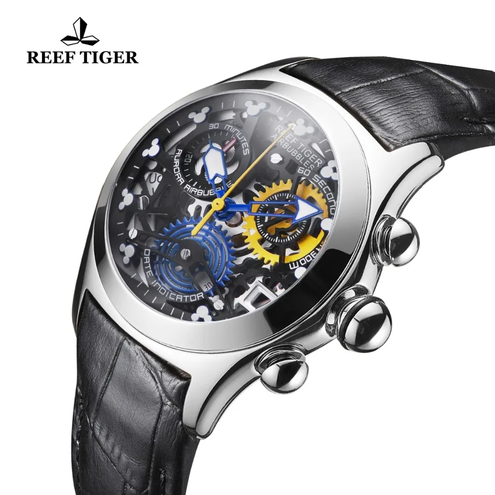 Reef Tiger/RT Fashion Sport Watches Women Steel Skeleton Analog Watches Genuine Leather Strap Waterproof Watches RGA7181