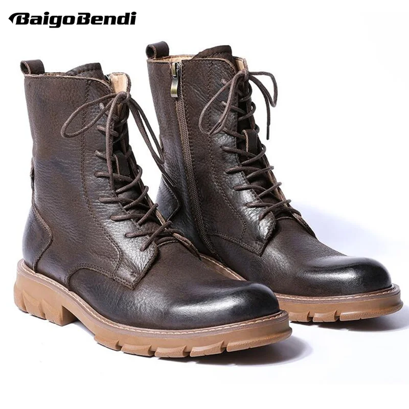 Men\'s Retro Thick Heel Genuine Leather Mid Calf Ridding Boots Work Safety Winter Hight Quality Warm Shoes Man