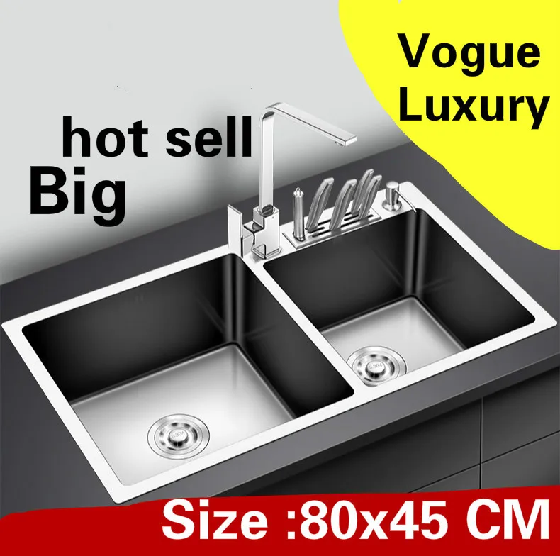 

Free shipping Apartment multifunction kitchen manual sink double groove do the dishes 304 stainless steel big hot sell 80x45 CM