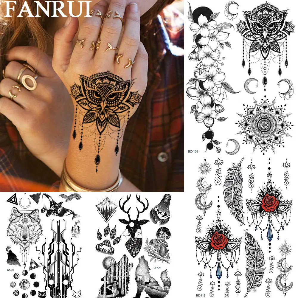 FANRUI Black Owl Women Henna Tattoos Temporary Body Arm Art Fake Tattoo Sticker Waterproof Lotus Flower Chain Pendant Tattoo DIY