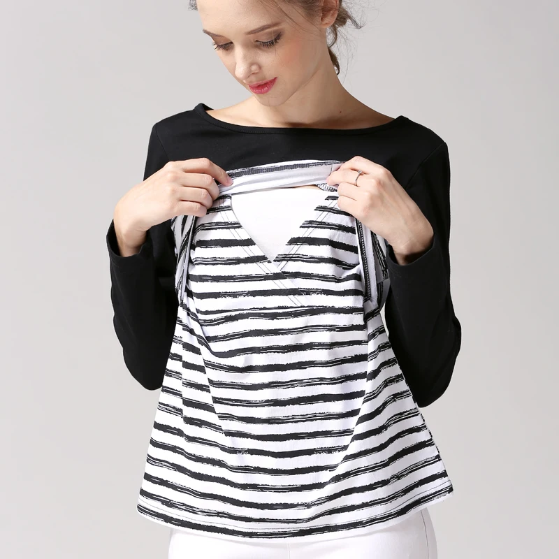 

Postpartum Maternity Stripe T-Shirts Breastfeeding Lactation Tops Long Sleeve Nursing Tees for Women Spring Autumn