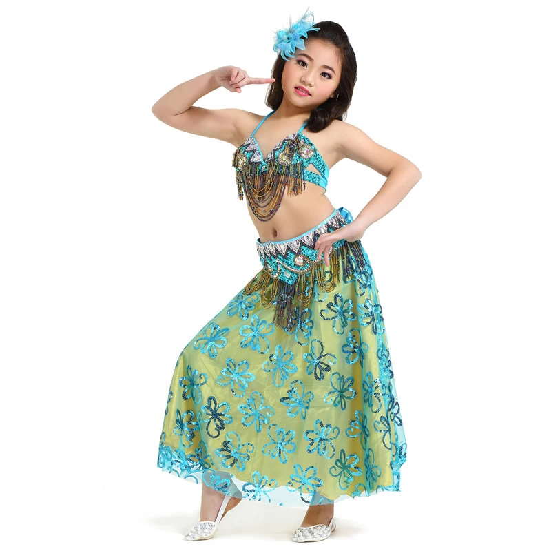 2018 New Arrivals Children Dance Wear Sequins Outfits Belly Dance Costume Stage Performance 3 Pieces Flower Skirt #853