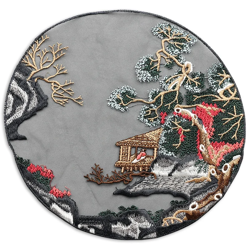 

1 Piece Big Chinese landscape painting embroidery round cloth stickers black mesh bottom sew on Patch applied embroiedry