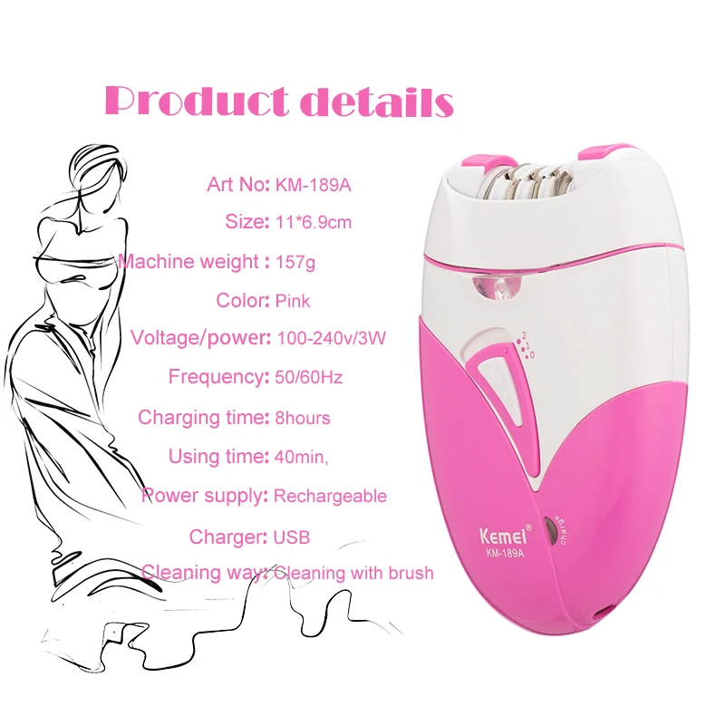 Kemei KM-189A Rechargeable Lady Epilator Bikini Hair Shaver Undeararm Trimmer Device Electric Hair Removal Depilador Remover