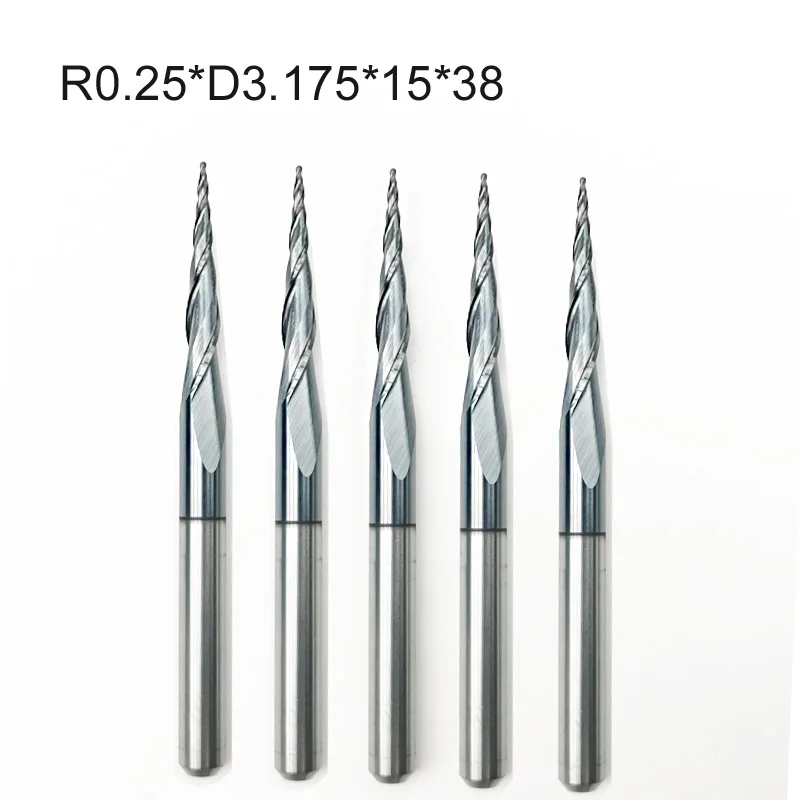 

5 шт./лот R0.25-1.0*D3.175*15*38 HRC55 твердый карбид вольфрама с покрытием коническая сферическая концевая фреза конического типа фреза с ЧПУ