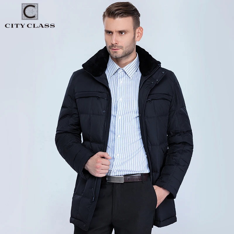 CITY CLASS Business New Men Fashion Jackets Coats Long Casual BioDown Removable Fur Collar Men Winter Thick Jacket Parkas 13291