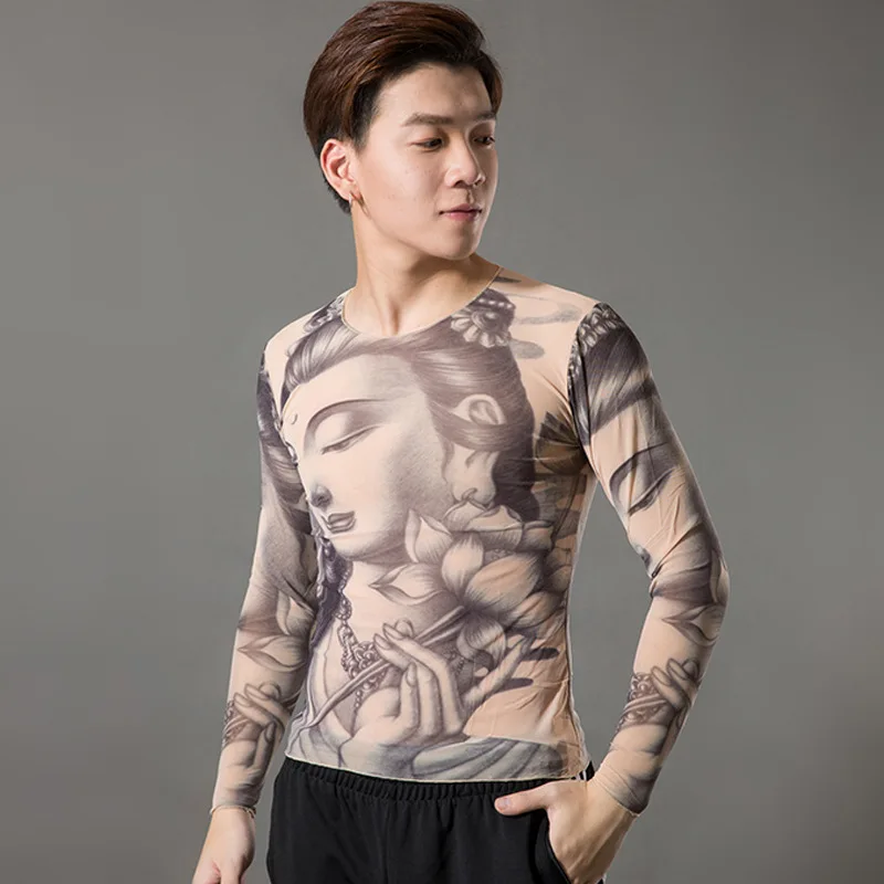 2019 Fashion Men\'s Fake Tattoo T-shirts Long Sleeve Elastic Modal Thin All Over Print O-Neck Tattoo Shirts Halloween Clothing