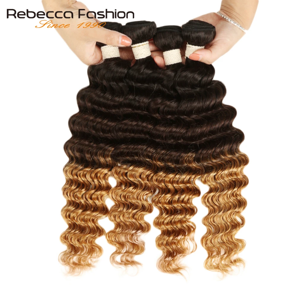 Rebecca 1/3/4 Pcs Ombre Three Tone Human Hair Bundles Remy Peruvian Deep Wave Bundles Deals Color 1B/4/27# 1B/4/30#