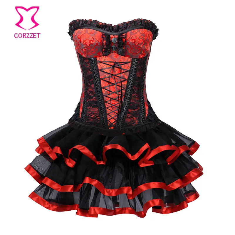 

Red/Black Floral Lace Push Up Corsets And Bustiers Sexy Corset Dress Gothic Clothing Dresses Victorian Burlesque Costumes Skirts