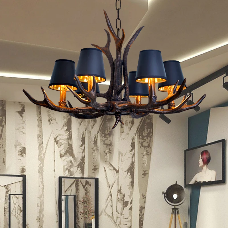 

American Black Resin Antler Chandelier Lamp Novelty Antler Light for Dining Room Modern Home Decration Living Room Lights