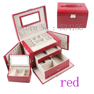 

Practical multifunctional 3 layer watch box earrings necklaces pendants leather jewelry box red gift box free shipping