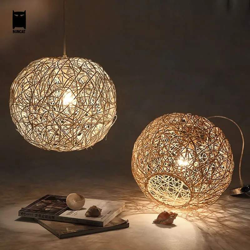 

30/40/50cm Wicker Rattan Ball Globe Sphere Pendant Light Fixture Modern Rustic Country Hanging Lamp Avize Luminaria Dining Room