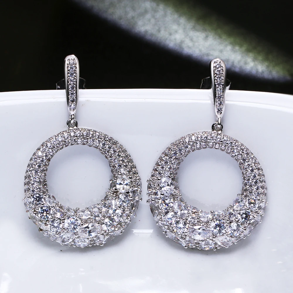 Beautiful Circle Dangle Earring Zirconia stones Female Jewellery Round Design Women's Drop Earrings White color Jewelry