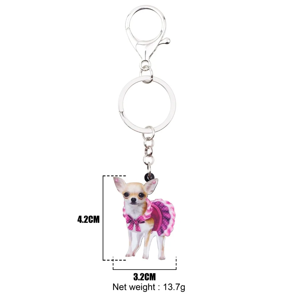 Bonsny Acrylic Cute Pink Dress Chihuahua Dog Key Chains Keychain Rings Animal Jewelry For Women Girl Ladies Handbag Car Charms