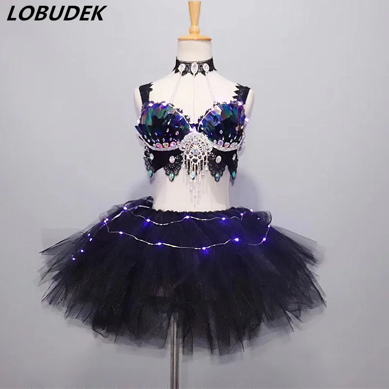 

Fashion Bling Rhinestones Sequins Bikini LED Tutu Skirt Set Women Singer Nightclub DJ DS Costume Sexy Party Show LED Dance Wear