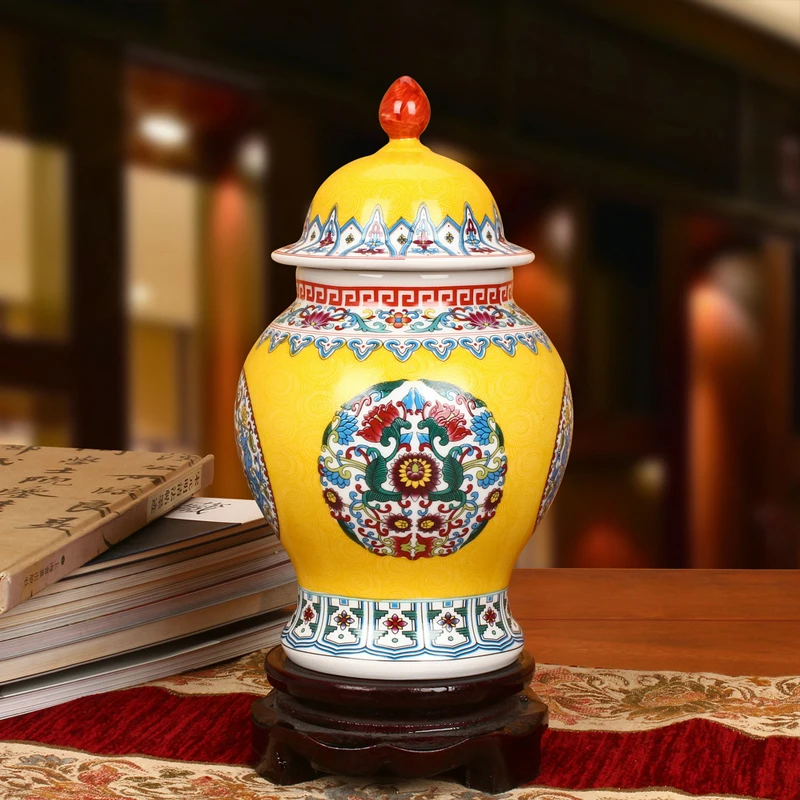 

Antique Royal Ceramic Cloisonne Enamel General Tank Vase Fortune Climbing Flowers Hat-covered Ginger Jars Ornament Creative Gift