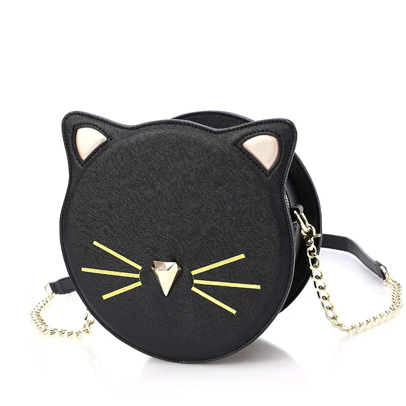 Cat Crossbody Bag Circular Women Chain Handbags Cute Animal Diamonds Bag PU Leather Black&Pink Messenger Bags Japan&Korean Style