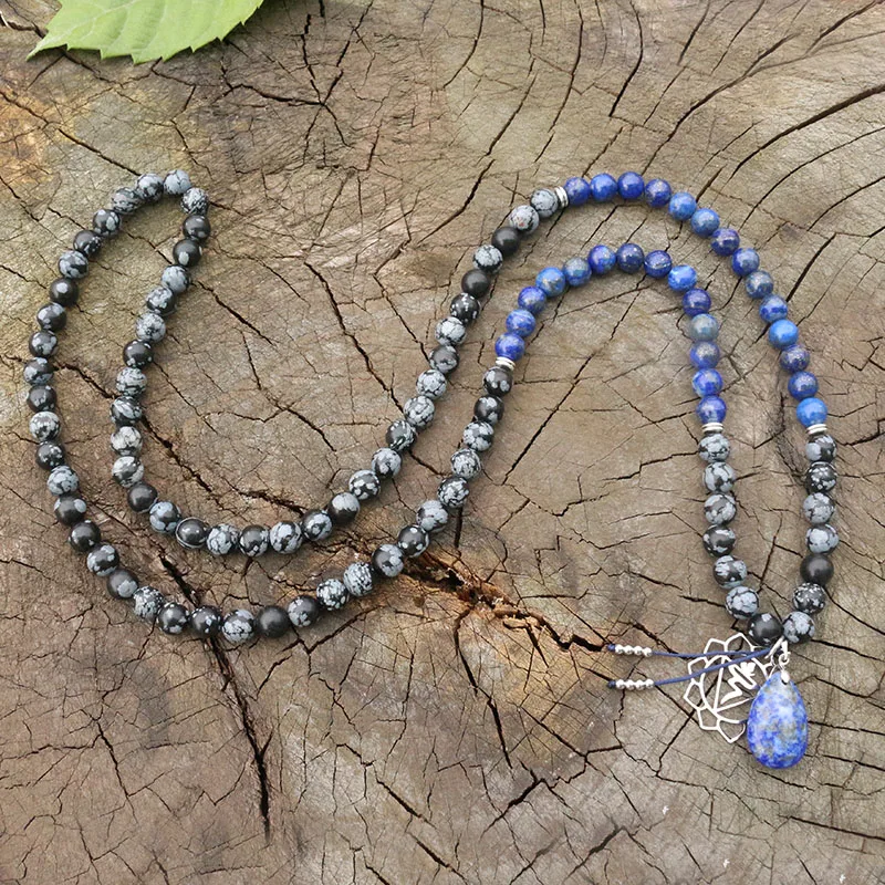 Pingente de lápis-lazúli e lápis-lazúli de 8mm, obsidiana de floco de neve, colar deapaMala, mala de meditação, conta de oração mala budista, 108 contas de mala, chakra