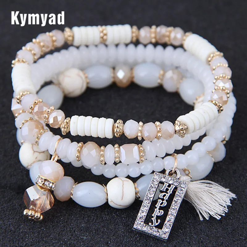 Kymyad Bohemian Crystal Beads Bracelets & Bangles Tassel Charms Bracelet Multi layer Bracelets For Women Pulseira Jewelry