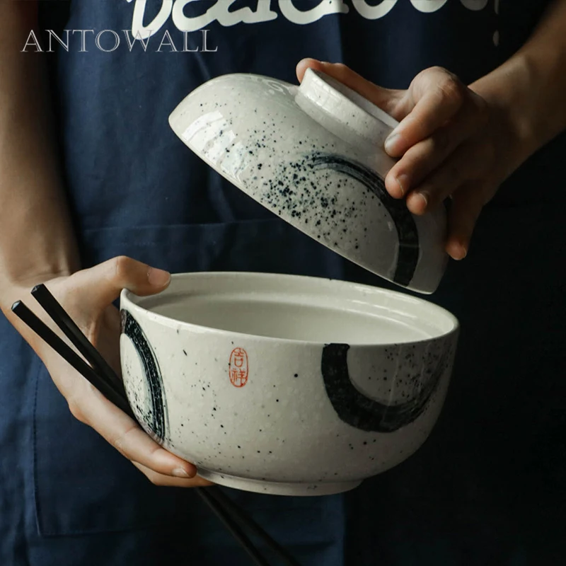 ANTOWALL Ceramic 6.5 inch bowl home instant noodle bowl Chinese style tableware soup ramen bowl porcelain