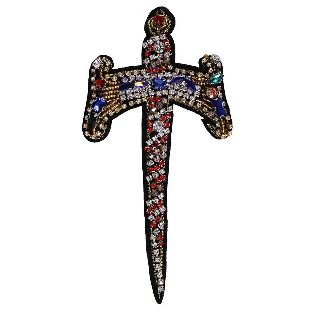 10pieces Handmade Beaded Cross Rhinestones Crystal Sword Design Patches Badge Applique Clothing Decorated Sewing Supplies TH576