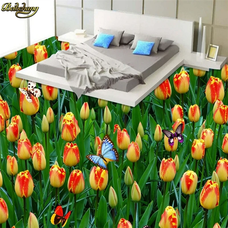 beibehang Custom Photo Wallpaper Floor Painting Stickers Beautiful Tulip Butterfly Flower Seafood 3D Floor papel de parede