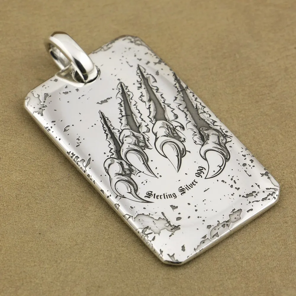 LINSION High Details Deep Laser Engraved 999 Pure Silver Lion King Dogtag Sharp Claws Mens Biker Pendant 9X026S