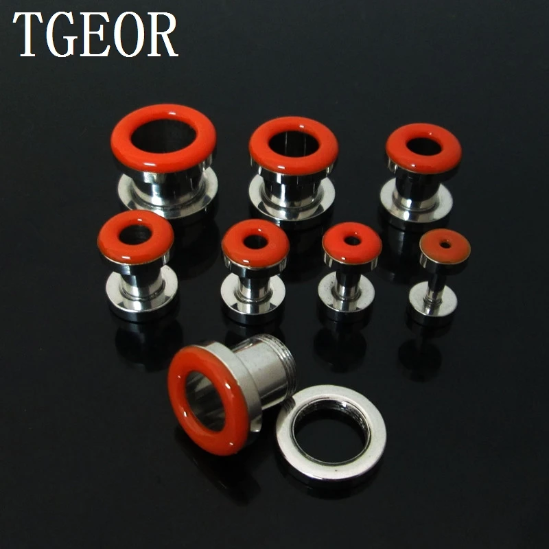 HOT body jewelry 1pcs mixed ear gauges multi colors drop oil printed stainless steel screw on Flesh Tunnel free shipping