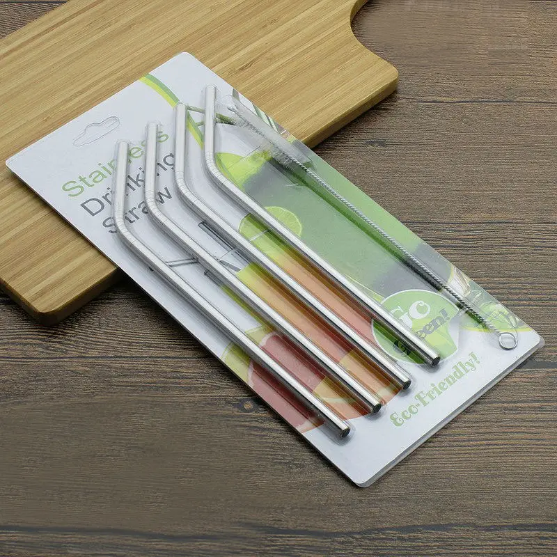 (4pcs) Stainless Steel Straw With Cleaning Brush Bend Straight Drinking Straw Kitchen Bar Party Accessories