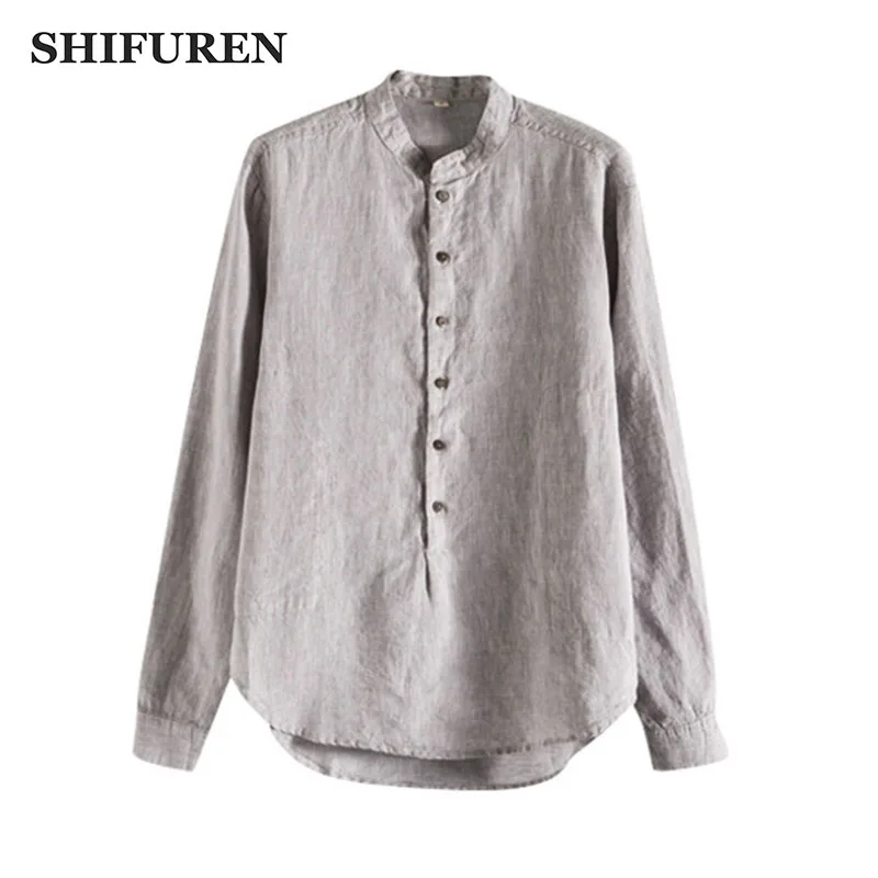 

SHIFUREN Breathable Men's Linen Shirts Long Sleeve Retro Chinese Style Mandarin Collar 100% Pure Linen Causal Male Dress Shirts