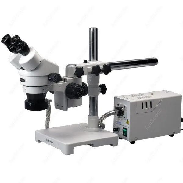 AmScope Binocular Stereo Microscope 7X-45X+ 150W Halogen Ring Light on Single Arm Boom Stand