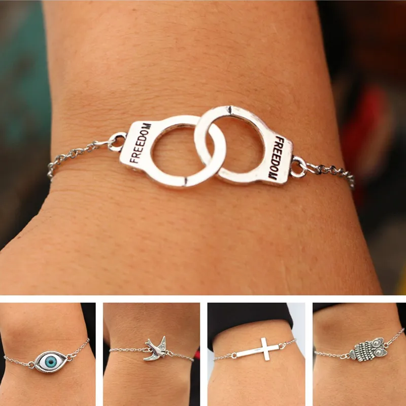 Charm Bracelets For Men Women Retro Jewelry Link Chain Bracelet Bangle Cross Heart Handcuff Love Peace Eye Valentine\'s Day Gift