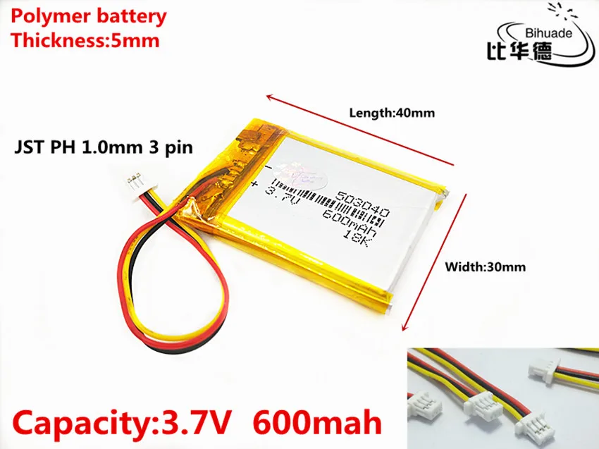 JST PH 1.0mm 3 pin Good Qulity 3.7V,600mAH 503040 Polymer lithium ion / Li-ion battery for tablet pc BANK,GPS,mp3,mp4