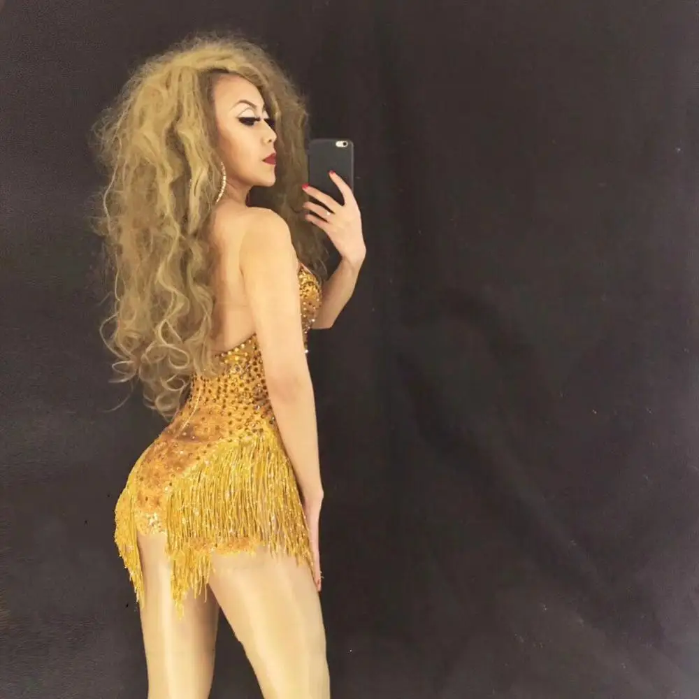 Summer Sparkly Rhinestone Gold Tassel Sexy Bodysuit Outfit Glisten Beads Costume One-piece Dance Wear Singer Stage Leotard