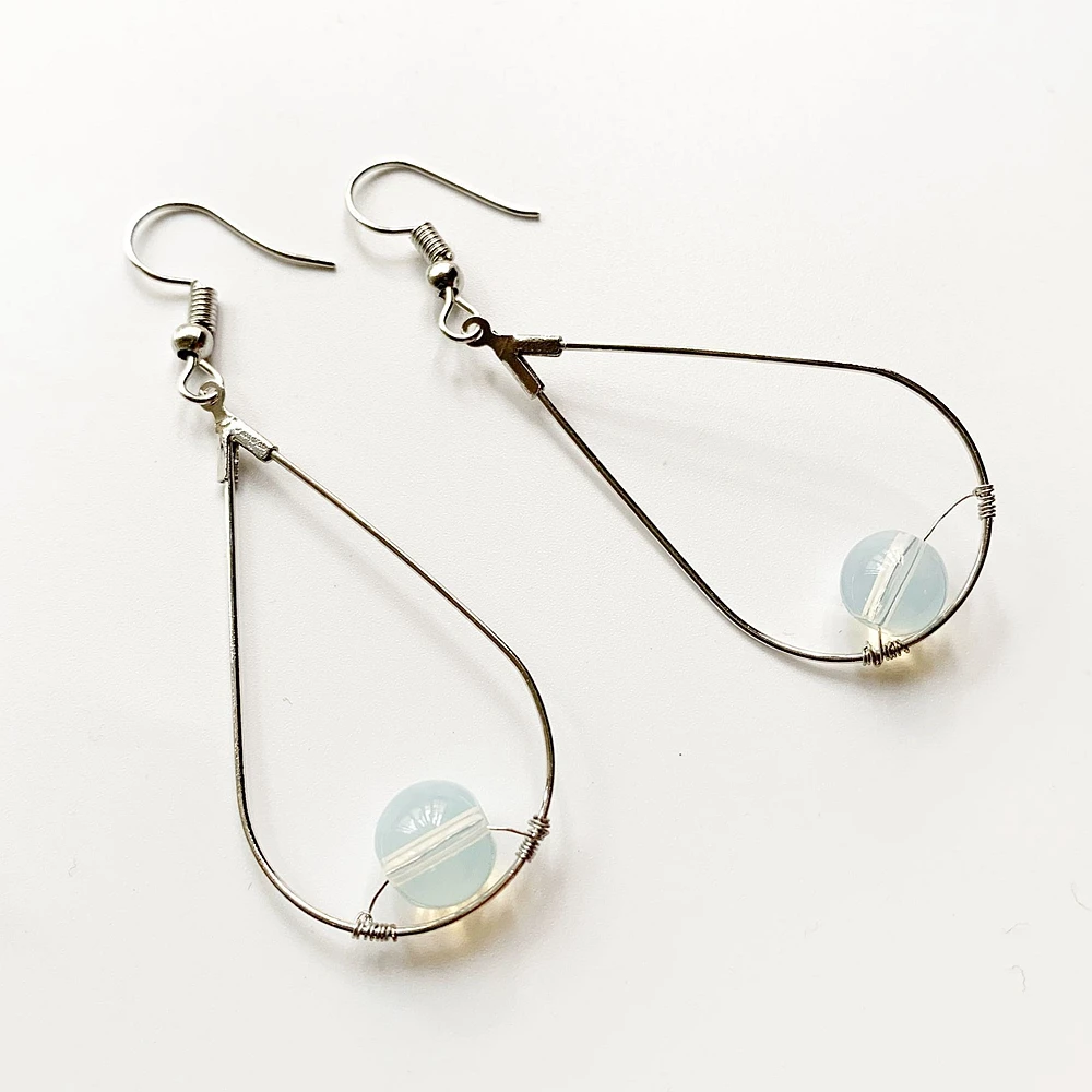 Opalite Stones Crystal 8mm Bead Drop Dangle Earrings Metal Stainless Steel Oval Shaped Geometric Earrings with Hook 1 Pair