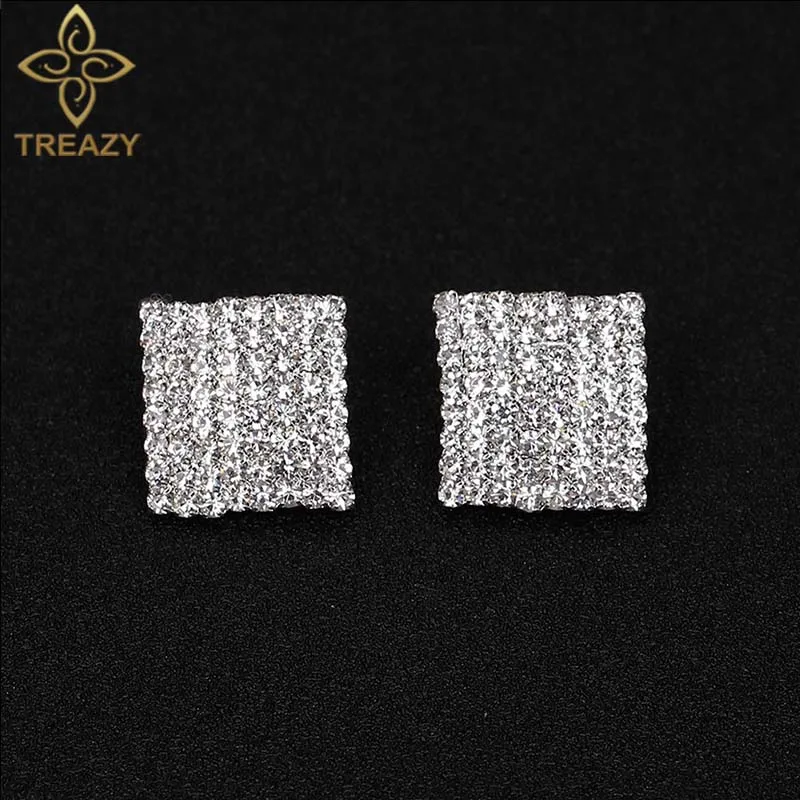 TREAZY klasyczny Design Rhinestone Sqaure stadniny kolczyki dla kobiet srebrny kolor kryształu biżuteria prezenty ślubne Femme Brincos