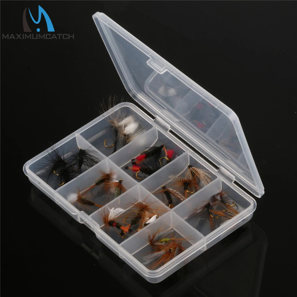 Maximumcatch Mixed Dry Flies With Plastic Box Feather Bait Hook Fly Flies Fish Hook Lures Fishing Flies 12/24 Piecs