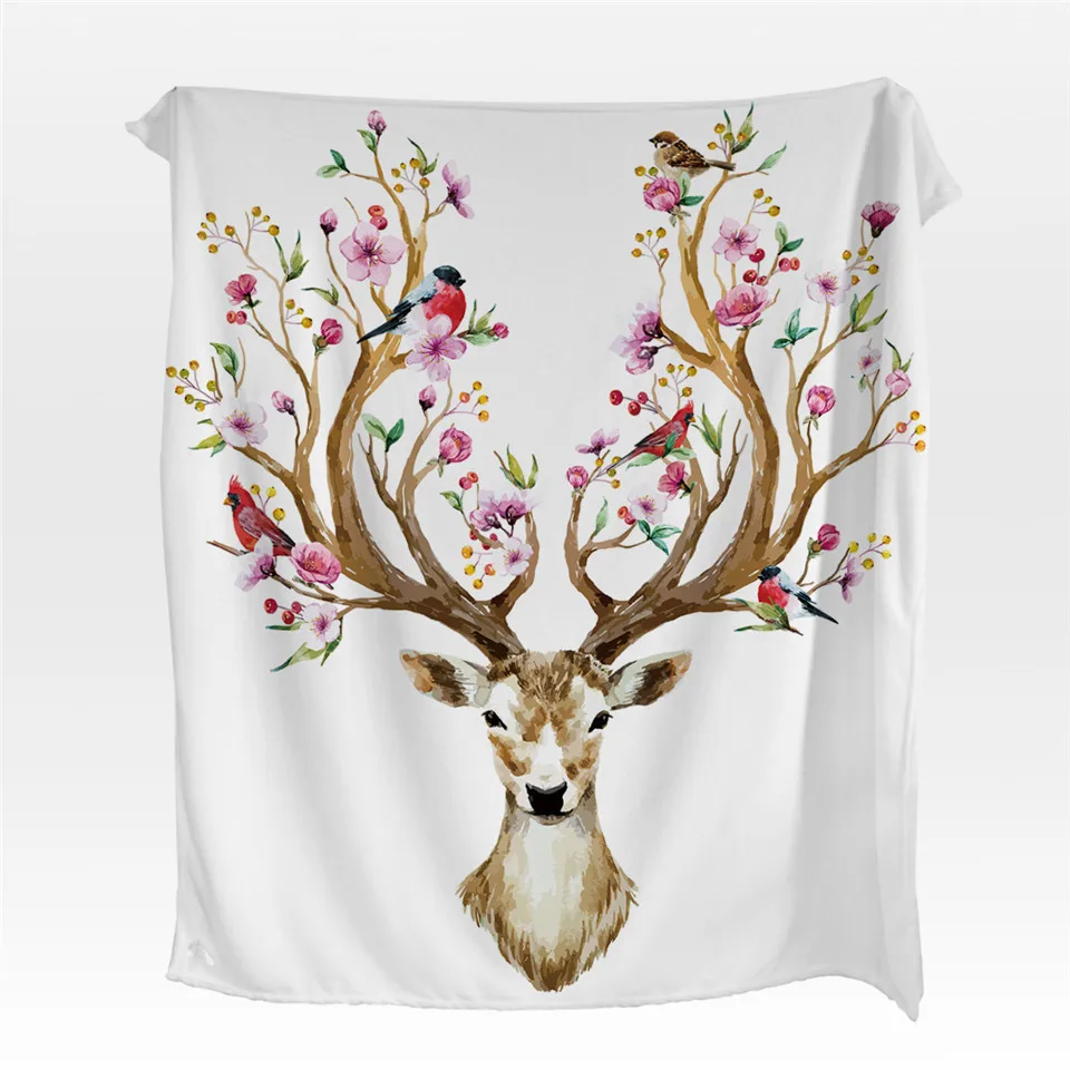 BeddingOutlet Floral Moose Elk Coral Fleece Blanket Flower Reindeer Deer Flannel Blanket for Beds Black and White Bedspreads