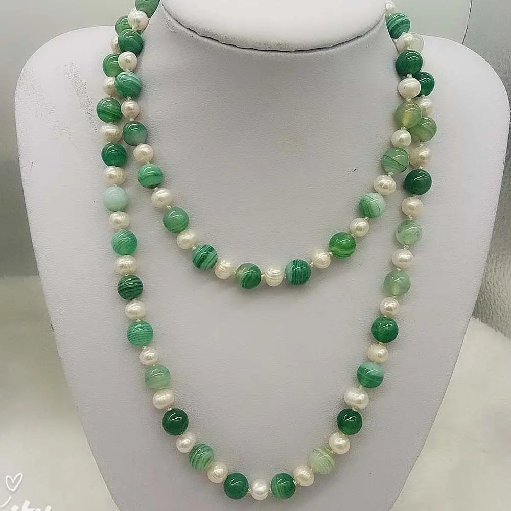 

LJHMY String White Freshwater Pearl Natural green agate Necklace Long 30 inches