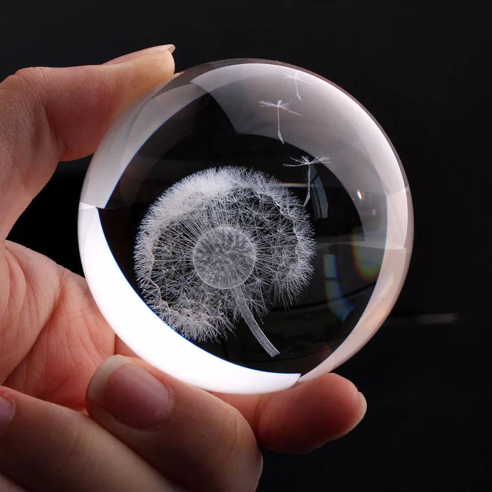 60mm 3D Dandelion Laser Engraved Crystal Ball with Stand,Art Decor Quartz Glass Home Accessories Wedding Birthday Party Gifts