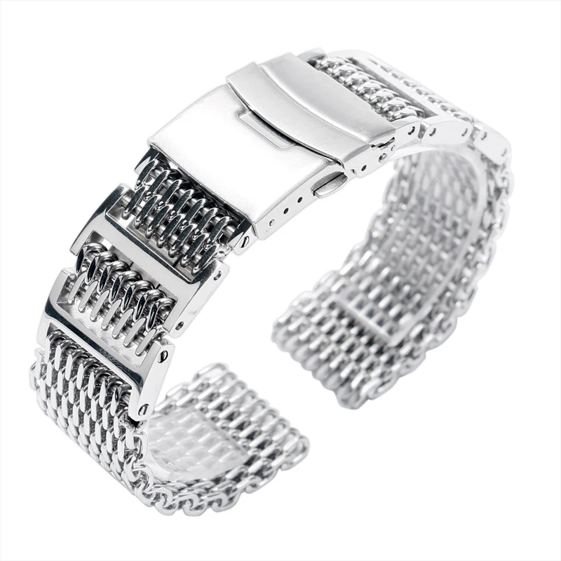 20/22/24mm HQ Shark Mesh Silver Stainless Steel Watchband Replacement Bracelet Men Folding Clasp with Safety Watch Band Strap