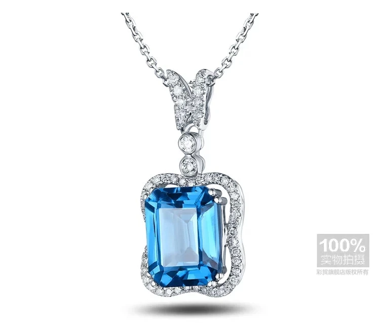 CaiMao 18KT/750 White Gold 3.78 ct Natural IF Blue Topaz & 0.22 ct Full Cut Diamond Engagement Gemstone Pendant Jewelry