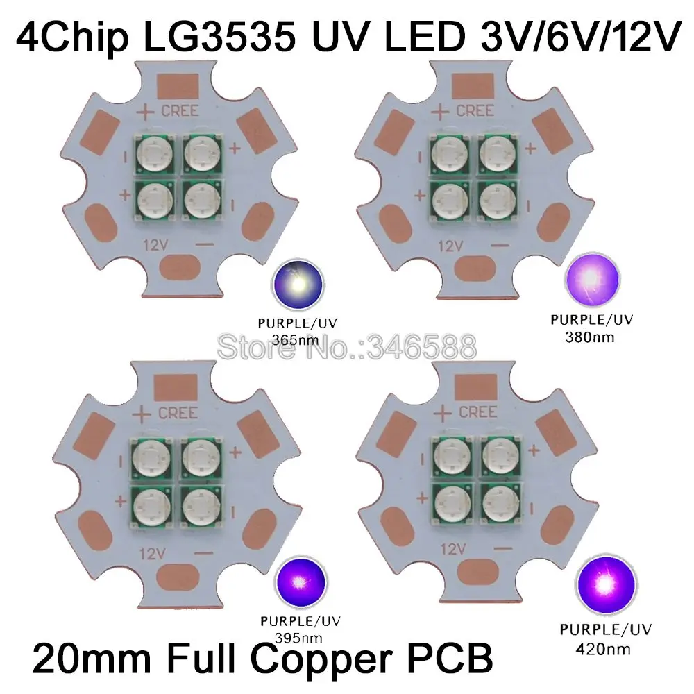 3V / 7V / 14V Epileds 3535 4Chips 4LEDs 12W High Power LED Emitter UV / Ultraviolet 365nm 380nm 395nm 420nm 20mm Copper PCB