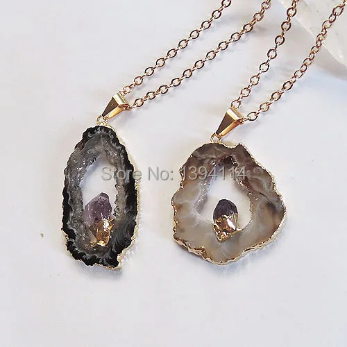 

Natural Agate Geode Slice With Amethyst Point Irregular Pendant Necklace Gold Plated 32-45mm